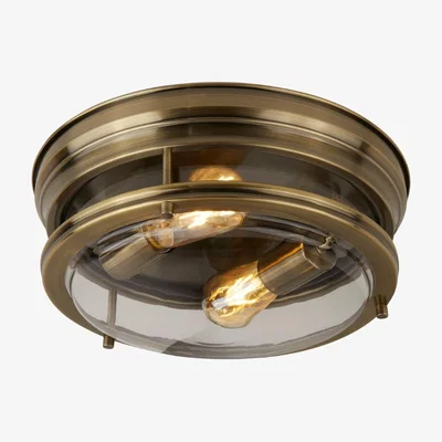 Pagazzi Glasgow 2 Light Antique Brass and Clear Glass IP44 Flush Ceiling Light