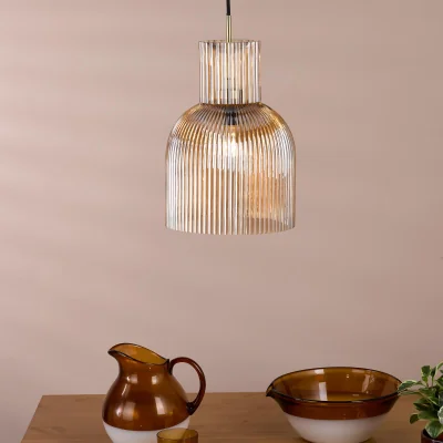Pagazzi Bixby Amber Ribbed Glass & Brushed Bronze Pendant