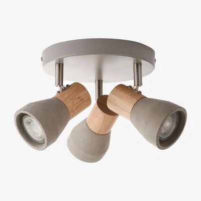 Pagazzi Stoneleigh 3 Light Concrete and Wood Effect Spotlight Plate Ceiling Light