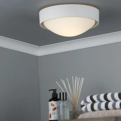 Pagazzi Beta White Bathroom IP44 Flush Ceiling Light with Opal Glass Shade