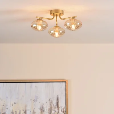 Pagazzi Ede 3 Light Satin Gold & Amber Glass Semi-Flush Ceiling Light