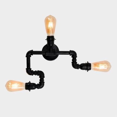 The Range Industrial Steampunk Style 3 Way Satin Black Staggered Pipework Ceiling Light - Black
