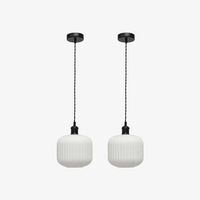 The Range Set Of 2 Bento White Ribbed Glass Black Retro Pendant Fittings - Black & White