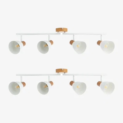 The Range Set of 2 Matt White & Wood Detail 4 Way Ceiling Spotlights - Matt White With Wood Effect Detail