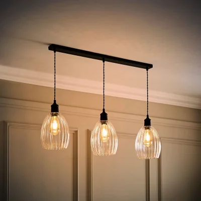 The Range Cheltenham 3 Drop Bar Ceiling Light with Ribbed Shades - Matte Black / 88cm / 3
