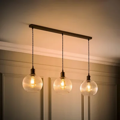 The Range Maddison Clear Ribbed Glass Shade 3 Drop Diner Ceiling Pendant Light - Brushed Brass / 3