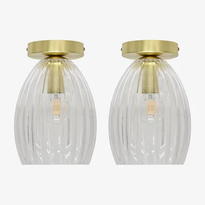 The Range Set Of 2 Birch Flush Ceiling Lights - Clear Ribbed Glass With Satin Brass Plate Detail