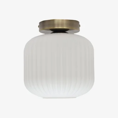 The Range Bento Flush Ceiling Light - White Ribbed Glass With Antique Brass Plate Detail