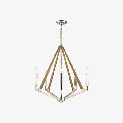 The Range Hilton Pentagonal Caged Ceiling Pendant E14 Polished Nickel, Taupe Wood - Polished Nickel