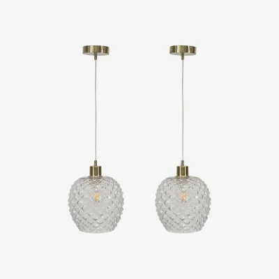 The Range Set Of 2 Baine Clear Textured Glass With Satin Brass Pendant Fitting - Satin Brass & Clear