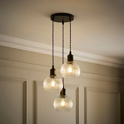 The Range Maddison Clear Ribbed Glass Shade 3 Drop Diner Ceiling Pendant Light - Black / No - Black