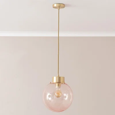 The Range Frenchie Pink Glass Globe Capped Ceiling Pendant Light - Brushed Gold