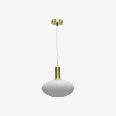 The Range Baton Ceiling Single Pendant Light - White Ribbed Glass With Satin Brass Plate Detail