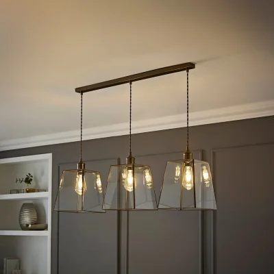 The Range Susie Glass Lantern Lamp Shade 3 Drop Diner Ceiling Pendant Light - Brushed Brass / 3