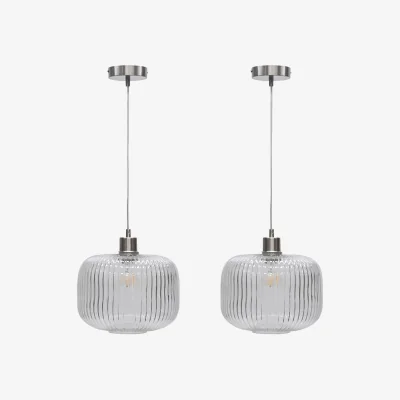 The Range Set Of 2 Batley Large Clear Ribbed Glass With Satin Nickel Pendants - Clear Ribbed