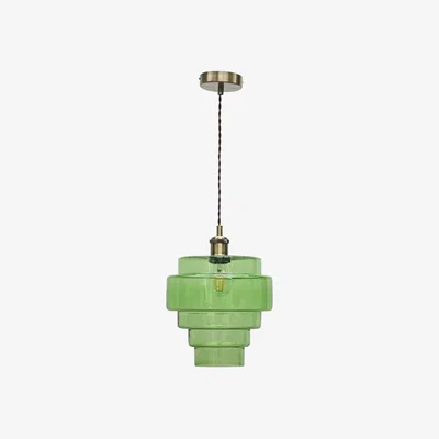 The Range Benson Ceiling Single Pendant Light - Clear Green Glass With Antique Brass Plate Detail