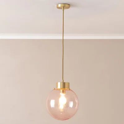 The Range Frenchie Pink Glass Globe Capped Ceiling Pendant Light with LED Bulb - Brushed Gold