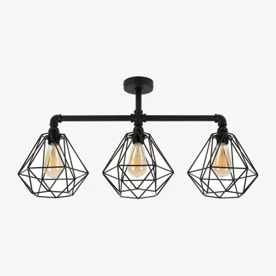 The Range Luiggi 5 Way Satin Black Pipework Bar Ceiling Light with Copper Basket Cage Shades - Black / 36cm