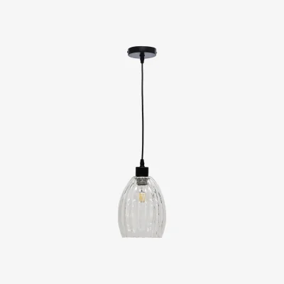 The Range Birch Ceiling Single Pendant Light - Clear Ribbed Glass With Matt Black Detail