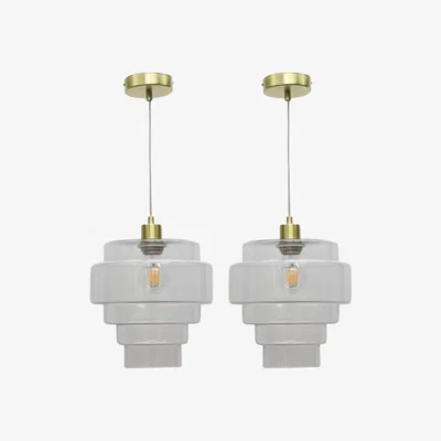 The Range Set Of 2 Benson Ceiling Single Pendant Lights - Clear Glass With Satin Brass Plate Detail