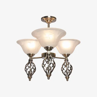 The Range Alabaster 3 Light Spiral Semi Flush Ceiling Light - Antique Brass