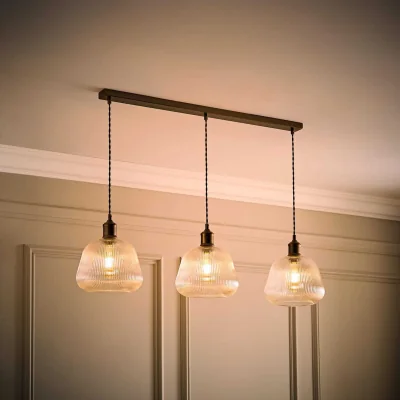 The Range Delora Ribbed Bell Glass Shade 3 Drop Diner Ceiling Pendant Light - Brushed Brass / 3