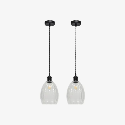 The Range Set Of 2 Birch Clear Fluted Glass Black Retro Pendant Fittings - Black & Clear
