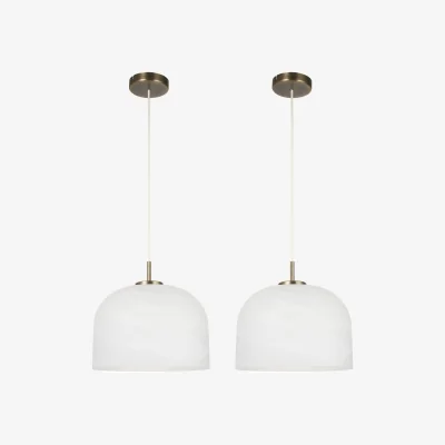 The Range Set Of 2 Oberon Ceiling Single Pendant Lights - Matt Antique Brass Plate And Alabaster White Glass