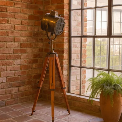 The Range Parma Handcrafted Caged Brass Spotlight Floor Lamp with Foldable Tripod - Brass
