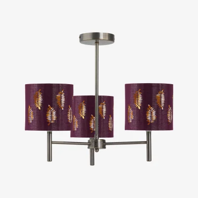 The Range Brea Antique Brass 3 Light Fitting With Burgundy Fern Shades - Antique Brass & Burgundy