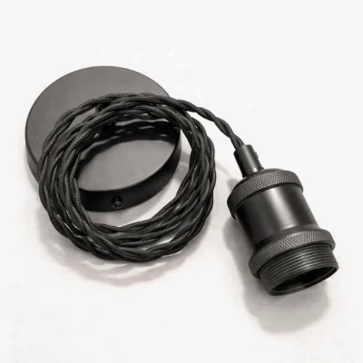 The Range CGC Lacey Matt Black E27 Pendant with 1.5m Adjustable Black Twisted Cord and Matching Ceiling Rose - Matt Black