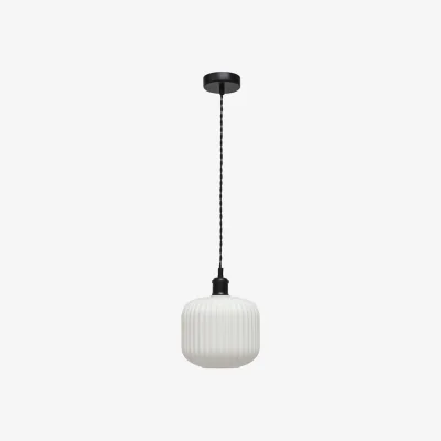 The Range Bento Ceiling Single Pendant Light - White Ribbed Glass With Matt Black Detail