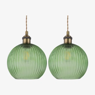 The Range Set Of 2 Betchley Antique Brass Braided Pendants With Green Shade - Antique Brass & Green