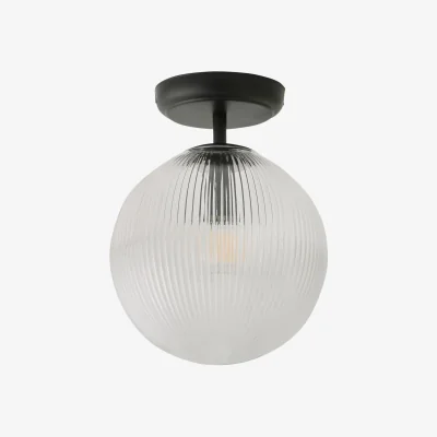 The Range Kempton Flush Ceiling Light with Ribbed Globe Shade  - Brushed Brass / Yes - Black