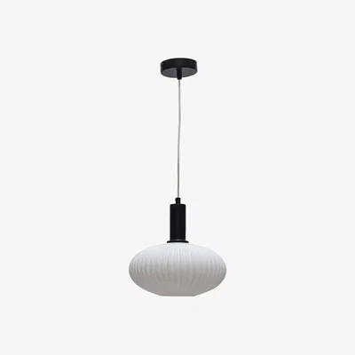 The Range Baton White Ribbed Oval Glass Black Deco Pendant Fitting - Black & White