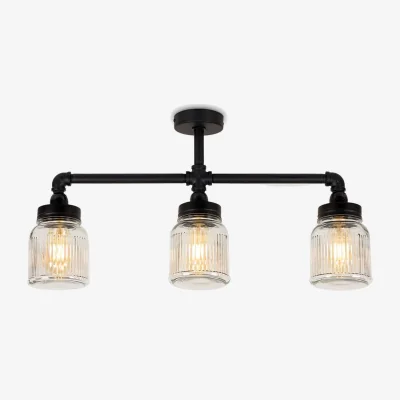The Range Luiggi Satin Black 3 Way Bar Pipework Ceiling Light with Glass Ribbed Pattern Design Jar Shades - Black