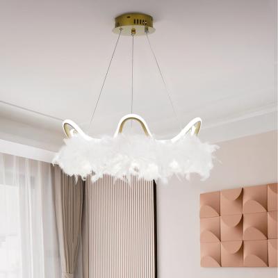 The Range Feather Pendant Light with Crown-Like LED Strip - White+Gold