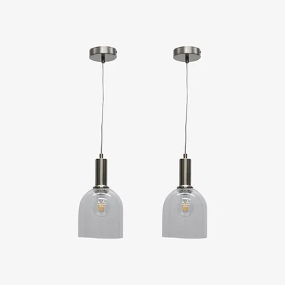 The Range Set Of 2 Belten Clear Glass Cloche Satin Nickel Deco Pendants - Satin Nickel & Clear