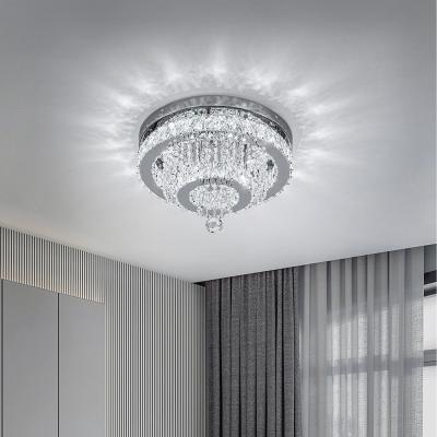 The Range Round Ceiling Light with Double Crystal Rings and Hanging Pendants - Silver
