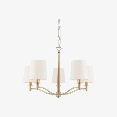 The Range Ortona 5 Light Multi Arm Pendant Matt Antique Brass, Vintage White Faux Silk, - Matt Antique Brass Plate