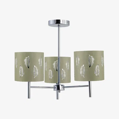 The Range Brea Chrome 3 Light Fitting With Sage Green Fern Shades - Chrome & Sage Green