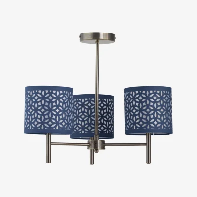 The Range Brea 3lt Flush Ceiling Light - Antique Brass Plate And Navy Blue Cut Out Cotton