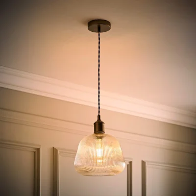 The Range Delora Ribbed Bell Glass Shade Single Ceiling Pendant Light - Brushed Brass / 0