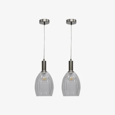 The Range Set Of 2 Birch Ceiling Single Pendant Lights - Clear Ribbed Glass With Satin Nickel Plate Detail