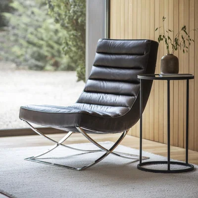 Furniture123 Lounge Chair in Black Leather & Metal Base - Caspian House