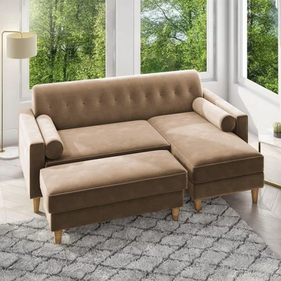 Furniture123 Beige Velvet 3 Seater L Shaped Sofa with Matching Footstool - Right Hand Facing - Idris