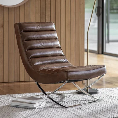Furniture123 Lounge Chair in Brown Leather & Metal Base - Caspian House