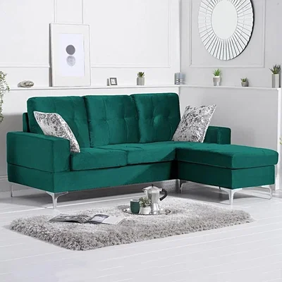 Oak&More Warren Green Velvet Reversible 3 Seater Corner Chaise Sofa
