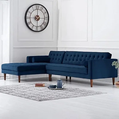 Oak&More Indus Blue Velvet Left Facing 3 Seater Corner Chaise Sofa