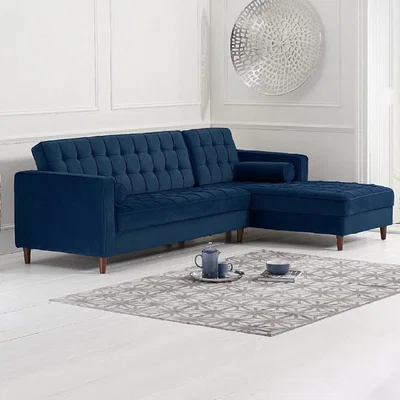 Oak&More Atlantic Blue Velvet 3 Seater Right Facing Corner Chaise Sofa